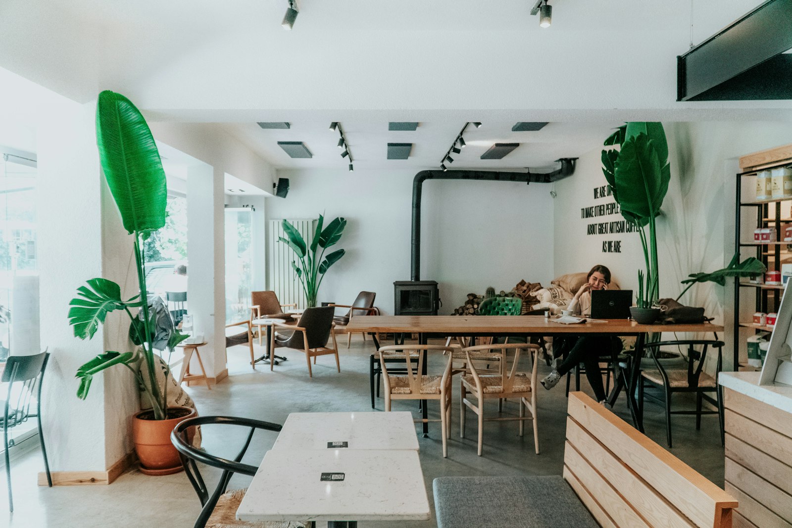 Bitkilerle dolu aydınlık kafe salonu